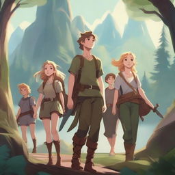 An HD illustration of a group of teenage boys and girls embarking on a grand adventure in a fantasy world