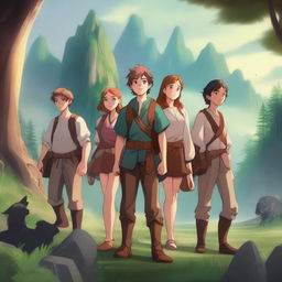 An HD illustration of a group of teenage boys and girls embarking on a grand adventure in a fantasy world