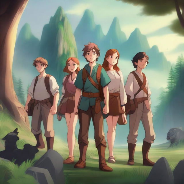 An HD illustration of a group of teenage boys and girls embarking on a grand adventure in a fantasy world