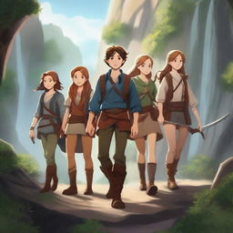 An HD illustration of a group of teenage boys and girls embarking on a grand adventure in a fantasy world