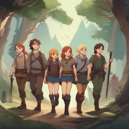 An HD illustration of a group of teenage boys and girls embarking on a grand adventure in a fantasy world