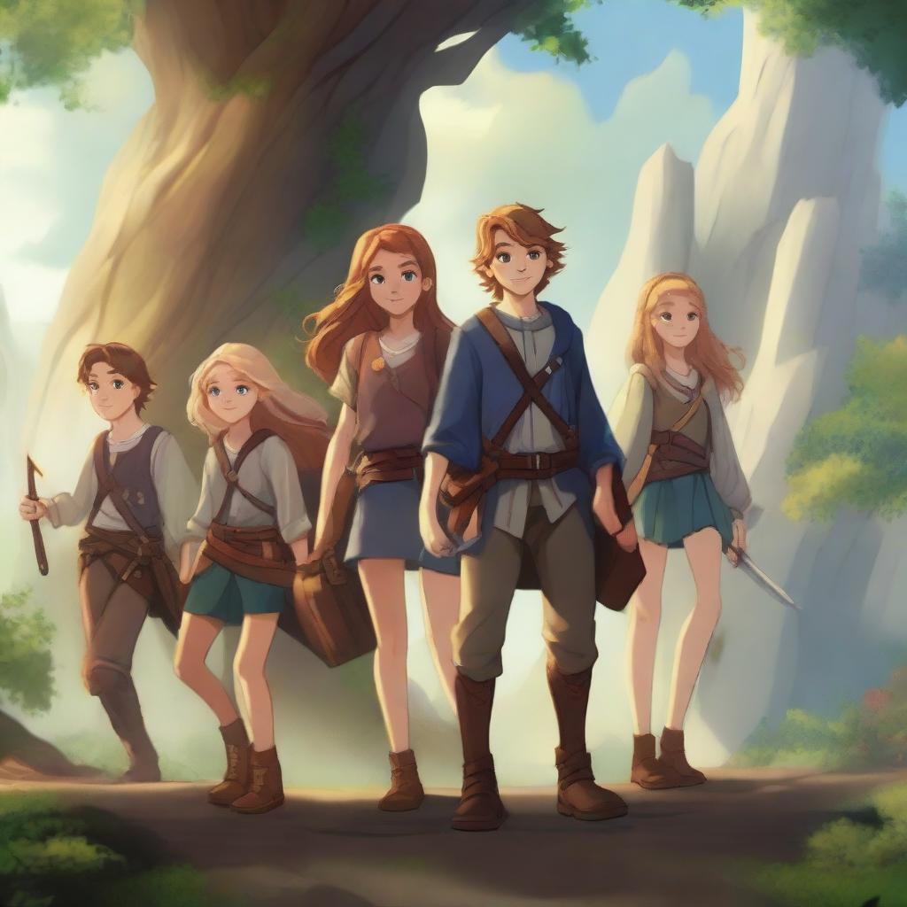 An HD illustration of a group of teenage boys and girls embarking on a grand adventure in a fantasy world