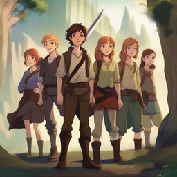 An HD illustration of a group of teenage boys and girls embarking on a grand adventure in a fantasy world