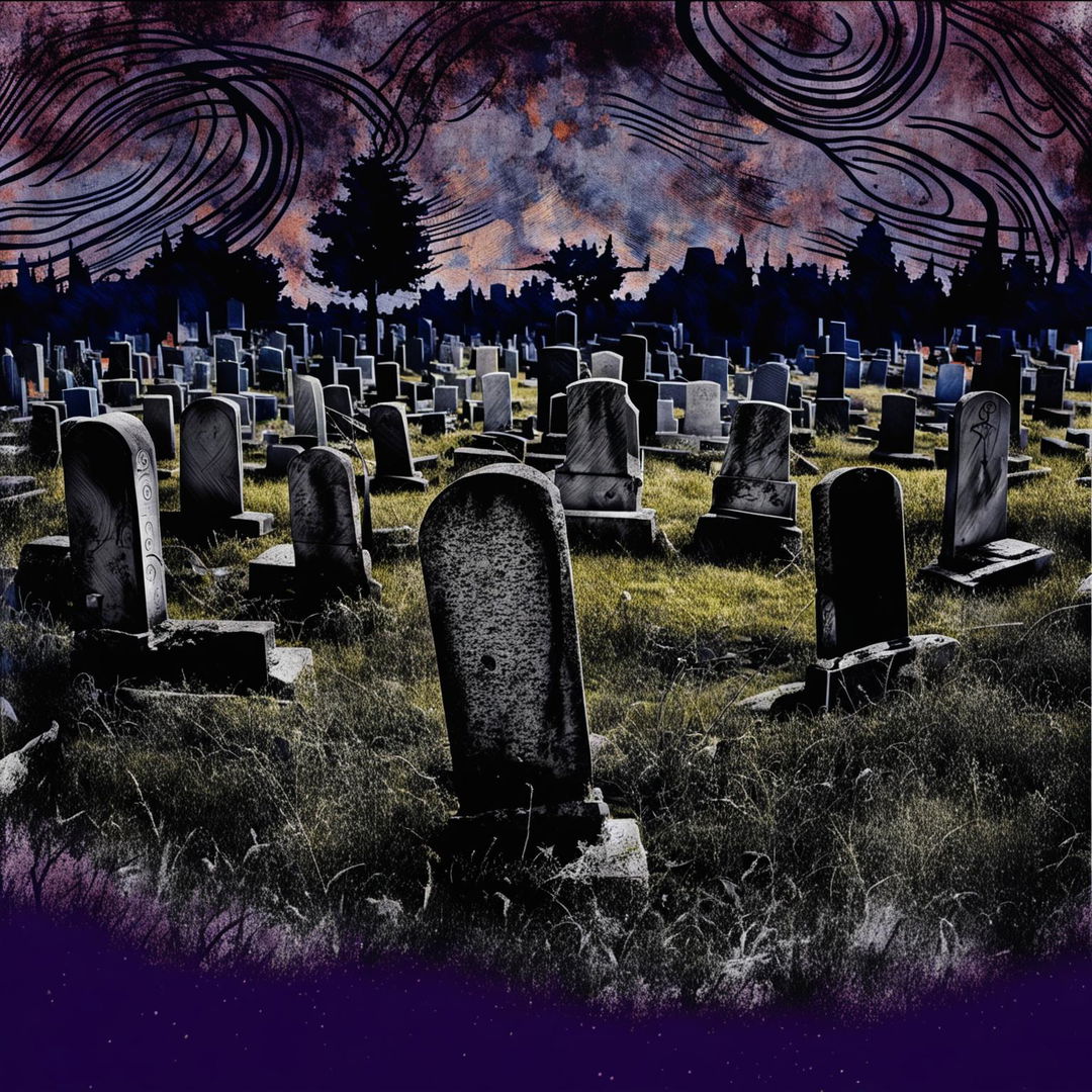 A haunting illustration of a child's grave in an old cemetery with a vintage aesthetic, surrounded by aged tombstones and set against an abstract background with swirling patterns