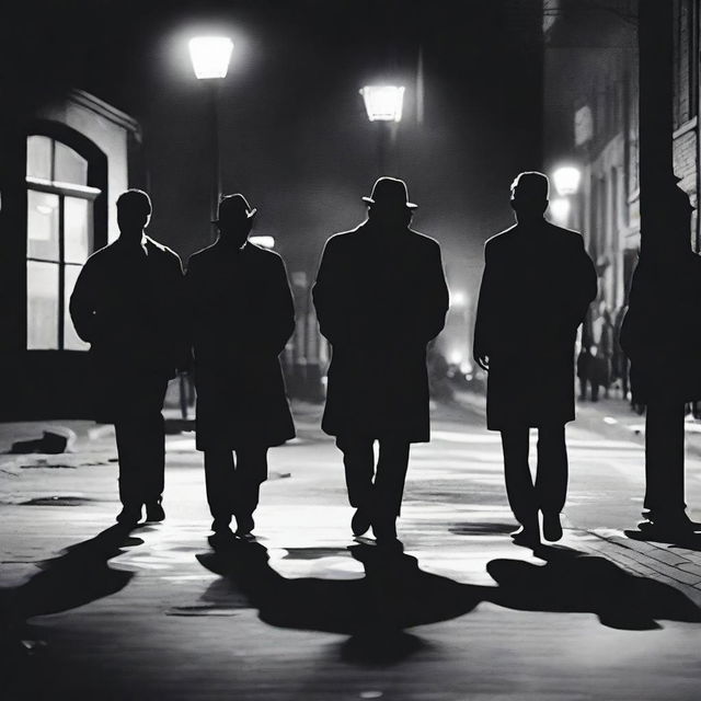 A mysterious murder scene on Crime Street with four suspects gathered around, each with a distinct appearance and demeanor, possibly involved in the murder of James McDonalds