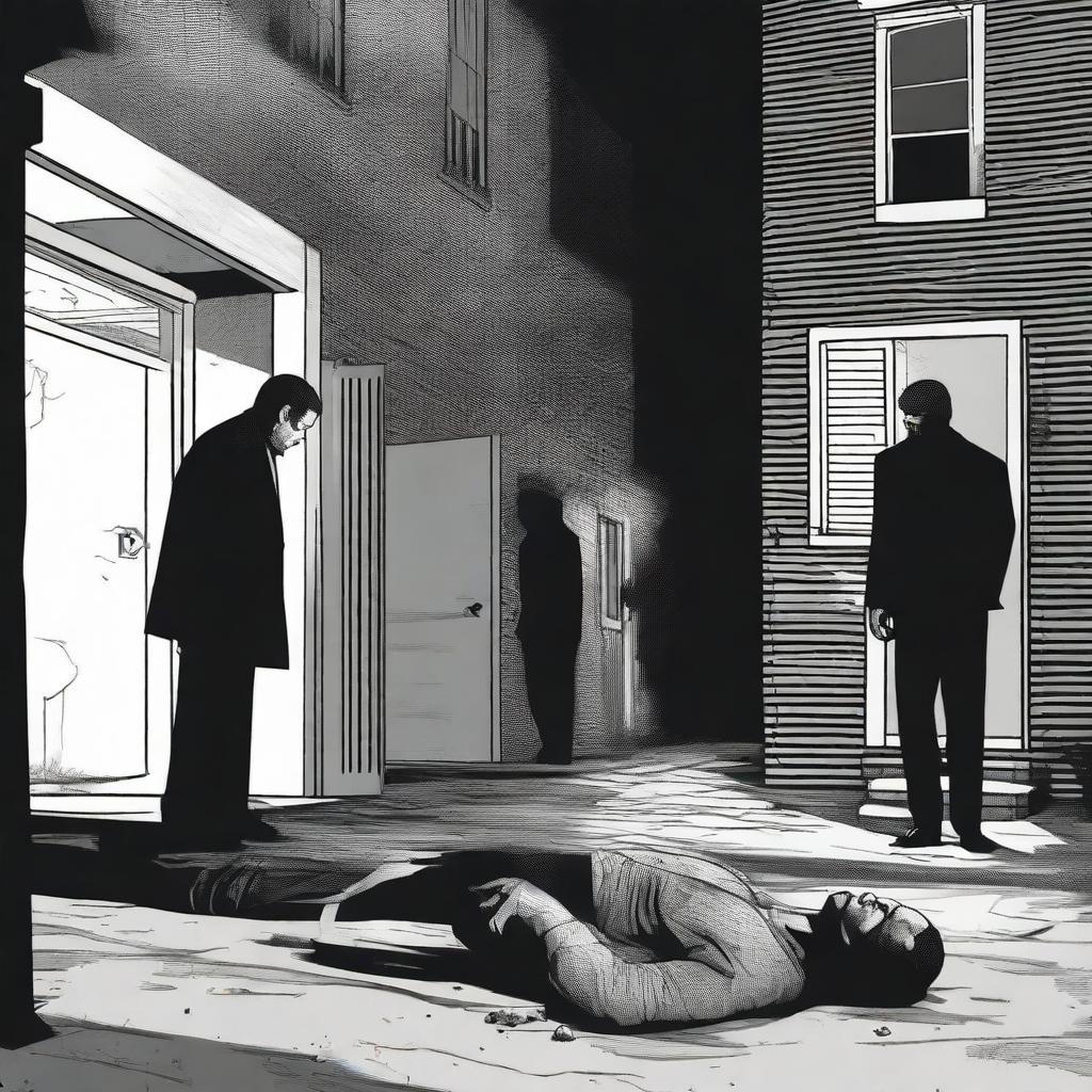 A dramatic crime scene illustration set on 398 Crime Street, where James Brown was murdered