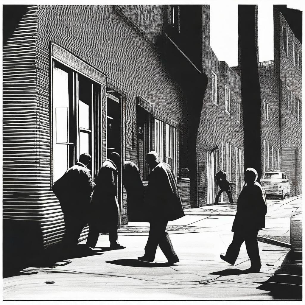 A dramatic crime scene illustration set on 398 Crime Street, where James Brown was murdered