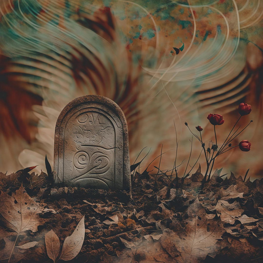 An abstract, vintage depiction of a child's grave with a weathered headstone, muted earthy tones, swirling patterns, and scattered flowers, evoking a sense of nostalgia and melancholy