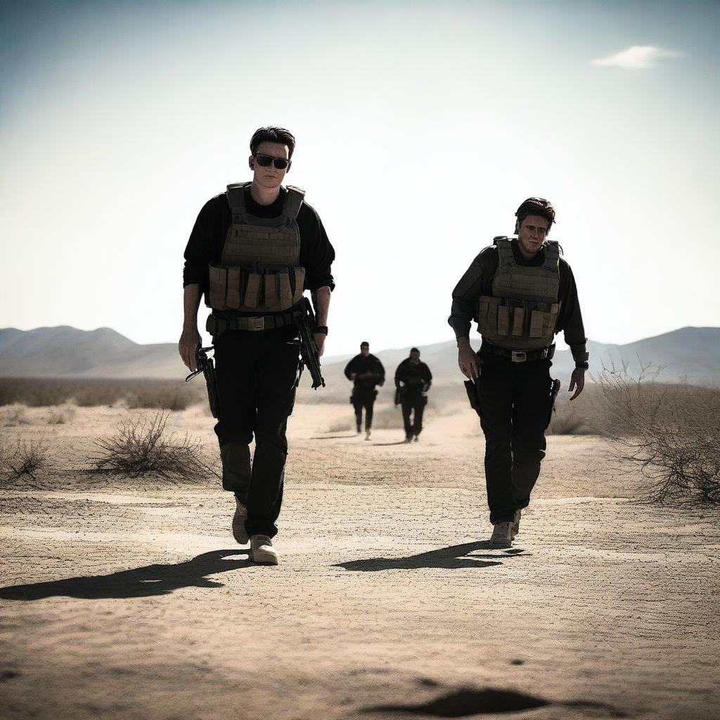 A dramatic scene inspired by the movie Sicario, featuring intense, shadowy figures in a tense standoff, with a dark, gritty atmosphere and a desert backdrop