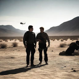 A dramatic scene inspired by the movie Sicario, featuring intense, shadowy figures in a tense standoff, with a dark, gritty atmosphere and a desert backdrop