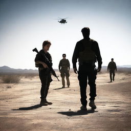 A dramatic scene inspired by the movie Sicario, featuring intense, shadowy figures in a tense standoff, with a dark, gritty atmosphere and a desert backdrop