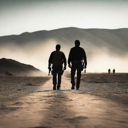 A dramatic scene inspired by the movie Sicario, featuring intense, shadowy figures in a tense standoff, with a dark, gritty atmosphere and a desert backdrop