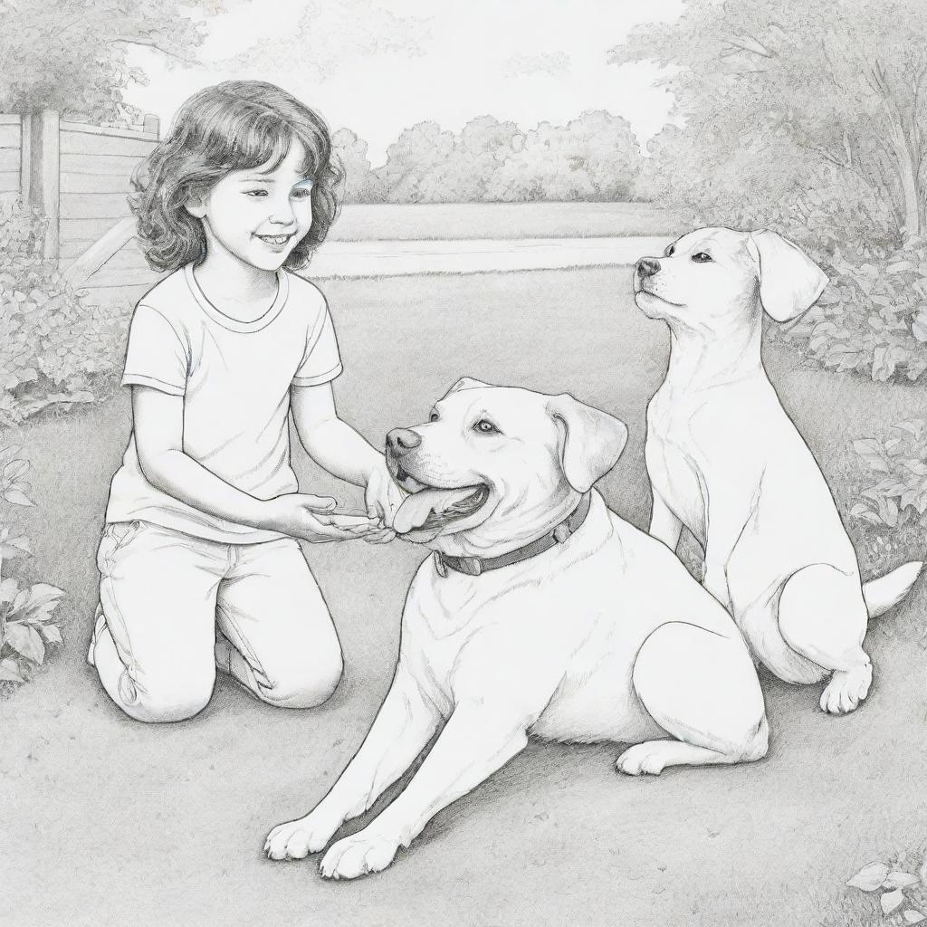 A coloring page featuring a friendly dog and cat playing on the ground with a joyful child.