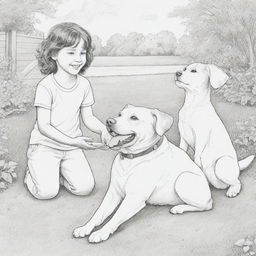 A coloring page featuring a friendly dog and cat playing on the ground with a joyful child.