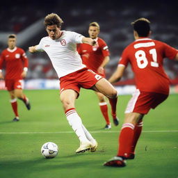 A white male with brown hair, wearing a white shirt, white socks, white shorts, and red football boots, is kicking a ball with his back facing the camera