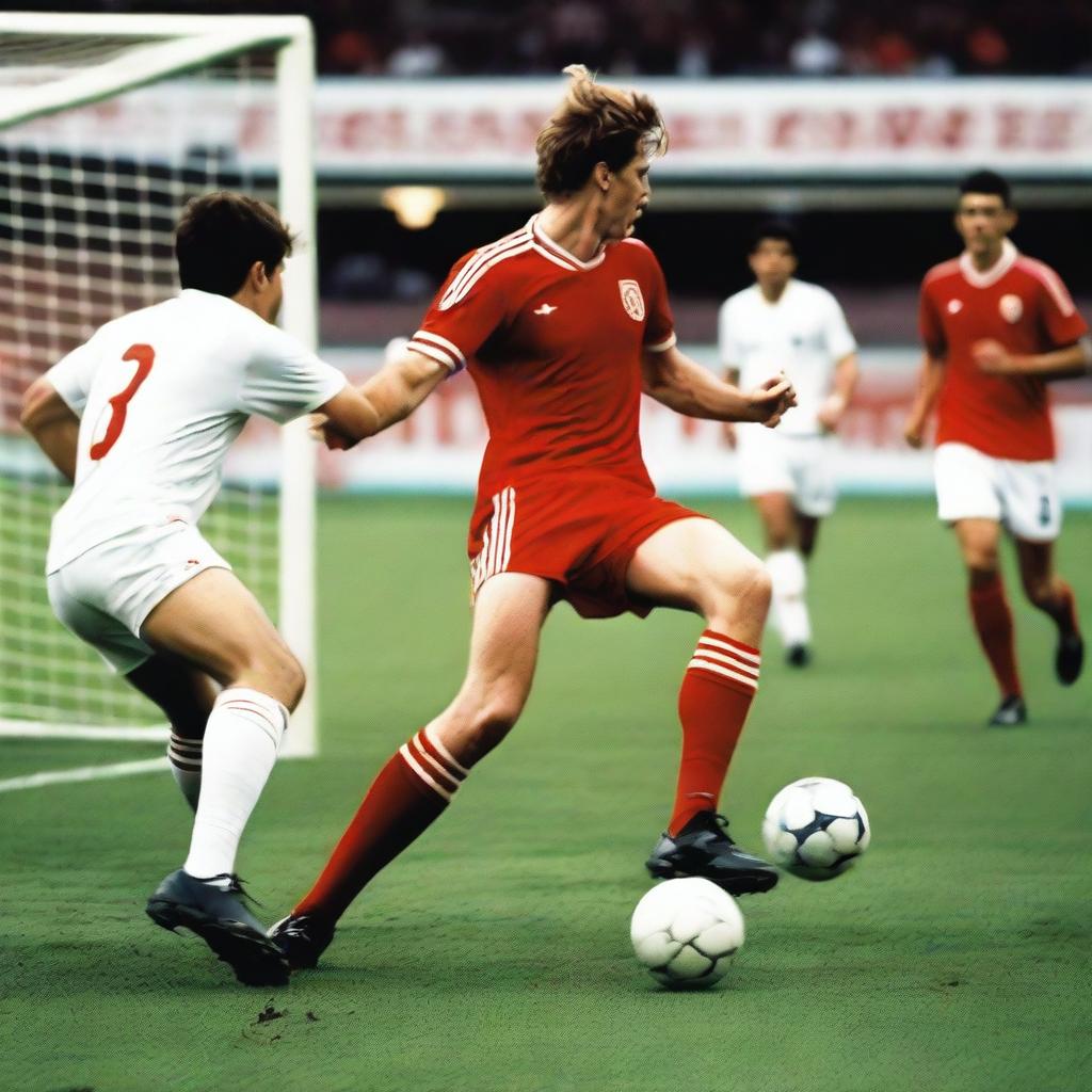 A white male with brown hair, wearing a white shirt, white socks, white shorts, and red football boots, is kicking a ball with his back facing the camera