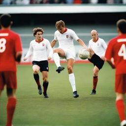 A white male with brown hair, wearing a white shirt, white socks, white shorts, and red football boots, is kicking a ball with his back facing the camera