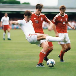 A white male with brown hair, wearing a white shirt, white socks, white shorts, and red football boots, is kicking a ball with his back facing the camera