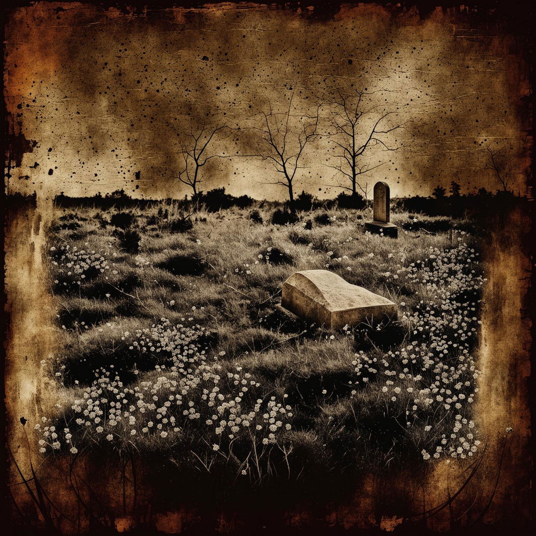 An abstract vintage-style illustration of a child's grave with a small headstone and scattered flowers, set against a muted, textured background