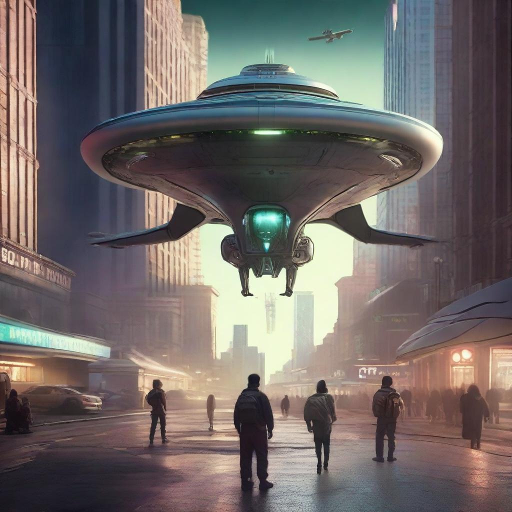 A highly detailed cinematic art of an alien spaceship landing on Earth