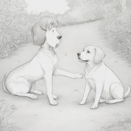 A coloring page featuring a friendly dog and cat playing on the ground with a joyful child.