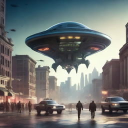 A highly detailed cinematic art of an alien spaceship landing on Earth