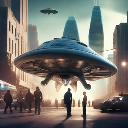 A highly detailed cinematic art of an alien spaceship landing on Earth