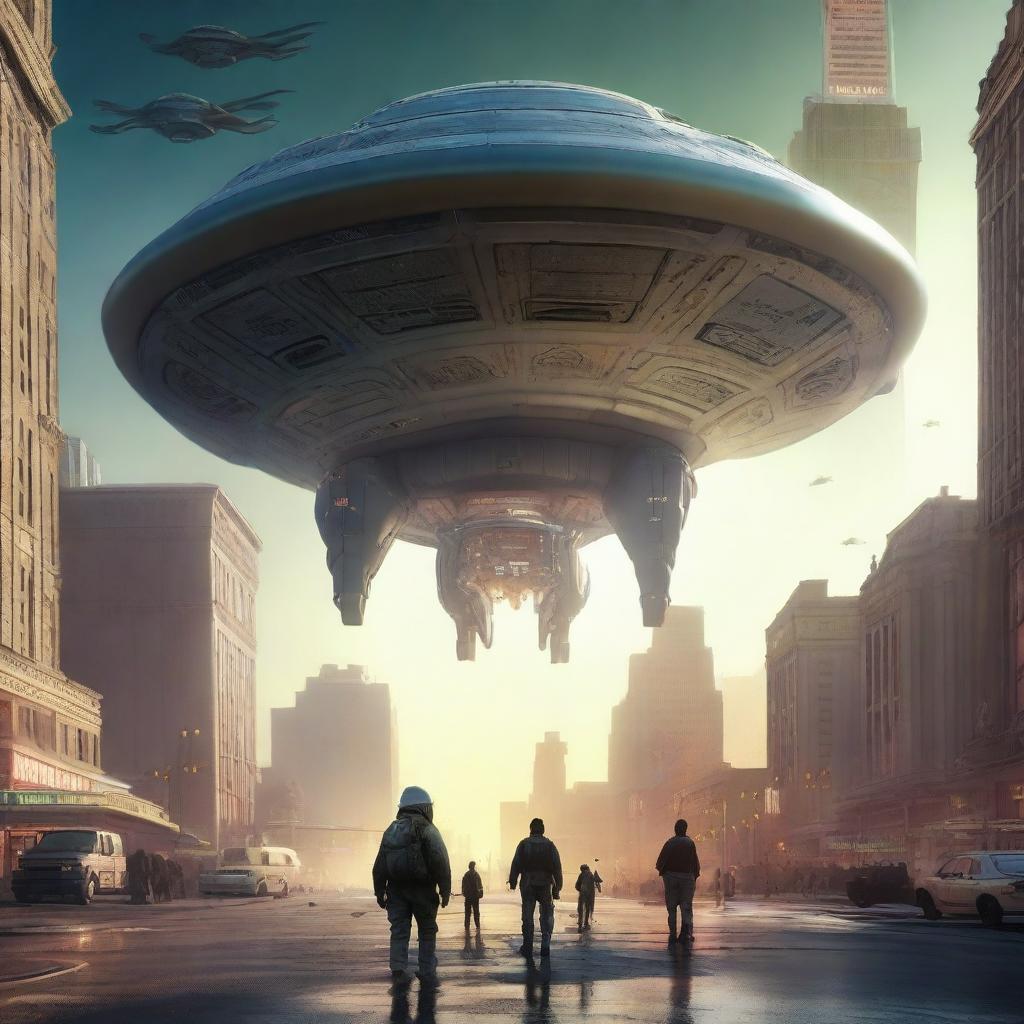 A highly detailed cinematic art of an alien spaceship landing on Earth