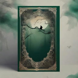 Create an eerie back cover design featuring dark beige, black, and deep green colors