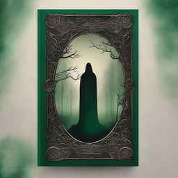 Create an eerie back cover design featuring dark beige, black, and deep green colors