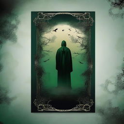 Create an eerie back cover design featuring dark beige, black, and deep green colors