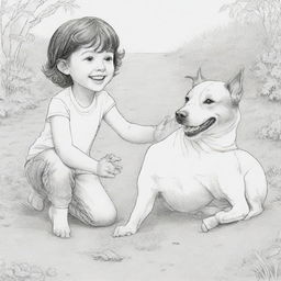 A coloring page featuring a friendly dog and cat playing on the ground with a joyful child.