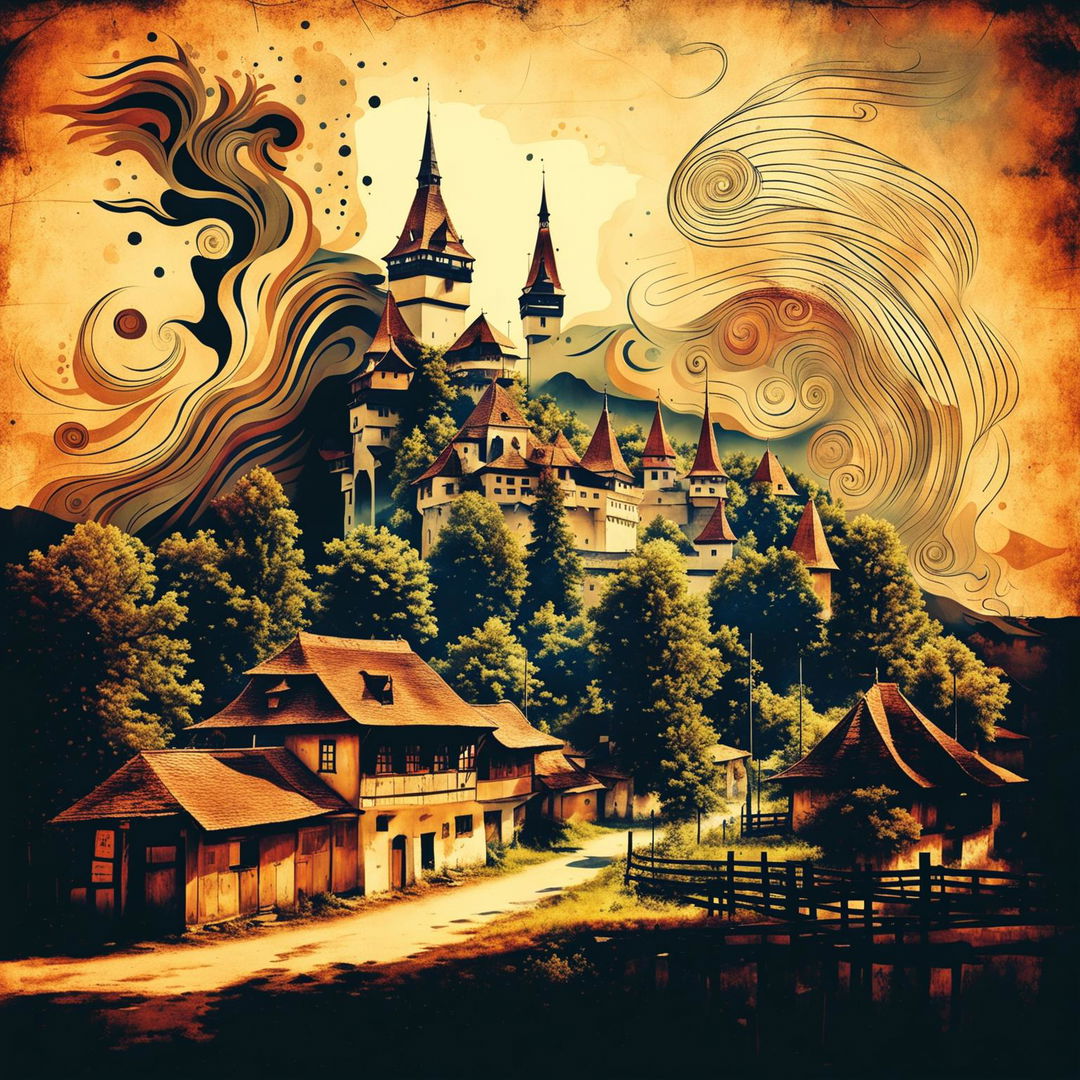 An abstract, vintage illustration of Romania, featuring iconic elements like the Carpathian Mountains, medieval castles, and traditional villages, with a surreal and nostalgic ambiance