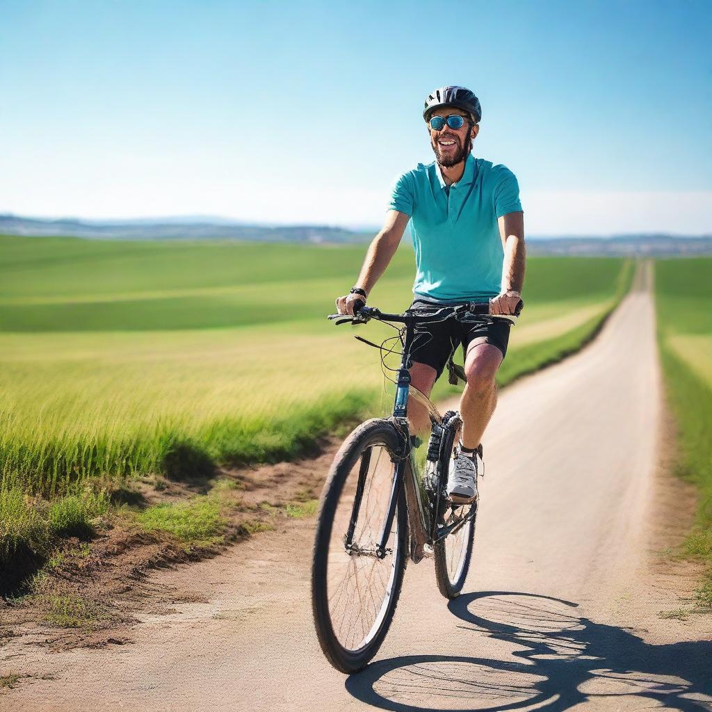 A person riding a bicycle on a sunny day, with a clear blue sky and green fields in the background