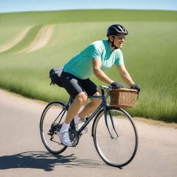 A person riding a bicycle on a sunny day, with a clear blue sky and green fields in the background