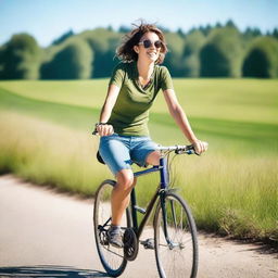 A person riding a bicycle on a sunny day, with a clear blue sky and green fields in the background