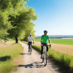 A person riding a bicycle on a sunny day, with a clear blue sky and green fields in the background