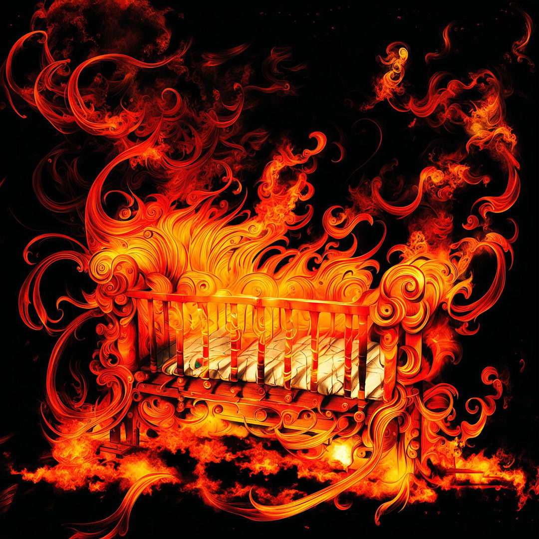 An abstract illustration of a vintage white baby cot engulfed in vibrant flames, with intricate details and a dark, smoky background, capturing the contrast between innocence and destruction