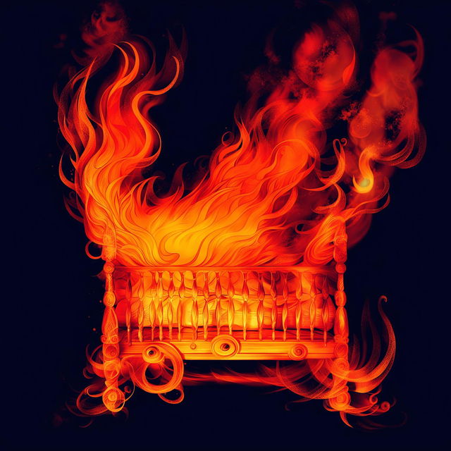 An abstract illustration of a vintage white baby cot gently engulfed in soft flames, with intricate details and a muted, smoky background, creating a surreal and dreamlike atmosphere