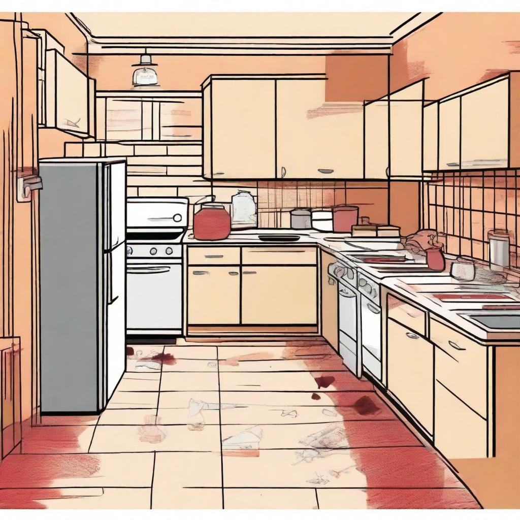 An illustration of a crime scene in a kitchen at number 398 Crime Street