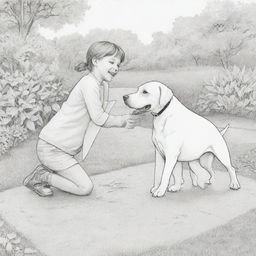 A coloring page featuring a friendly dog and cat playing on the ground with a joyful child.