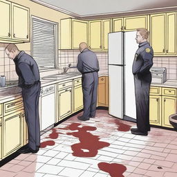 An illustration of a crime scene in a kitchen at number 398 Crime Street