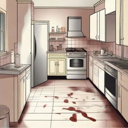 An illustration of a crime scene in a kitchen at number 398 Crime Street