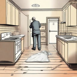 An illustration of a crime scene in a kitchen at number 398 Crime Street