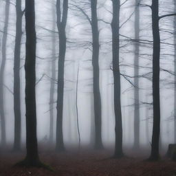 Create an eerie and atmospheric image of a misty woods