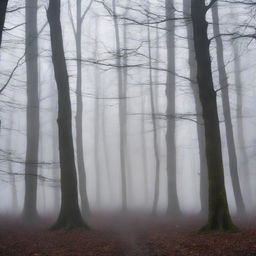 Create an eerie and atmospheric image of a misty woods