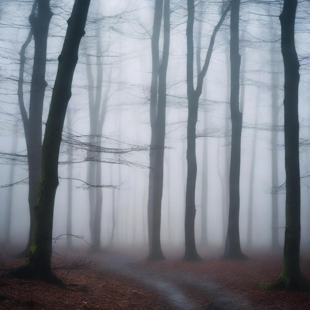 Create an eerie and atmospheric image of a misty woods