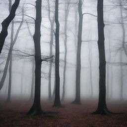 Create an eerie and atmospheric image of a misty woods