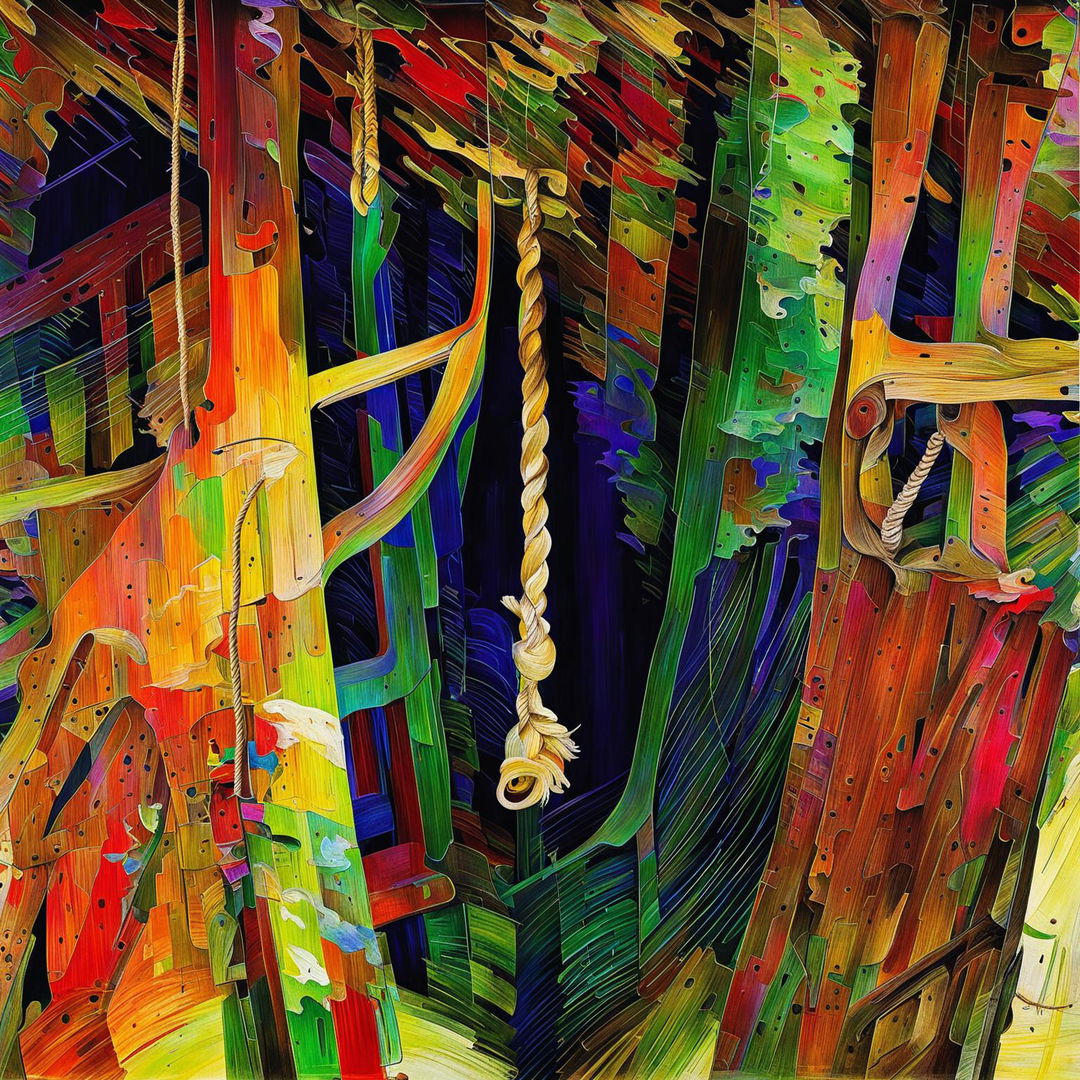 An abstract illustration of a barn with a noose hanging inside, featuring distorted lines, exaggerated shapes, and bold colors to evoke unease and contemplation