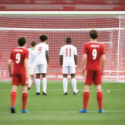 Create an image of a football player with brown hair taking a free kick